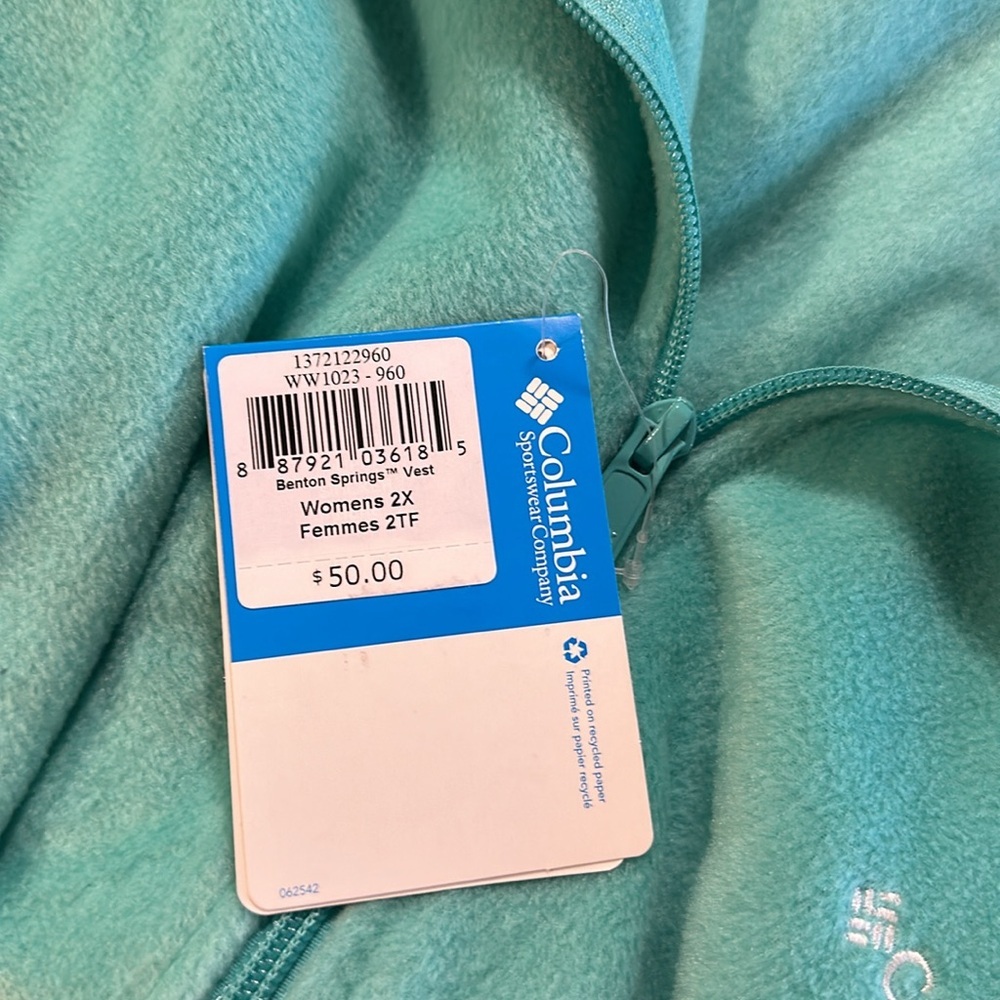 Columbia Fleece Vest Size 2X Mint Green Side Zipper Pockets Lightweight New - Picture 6 of 12